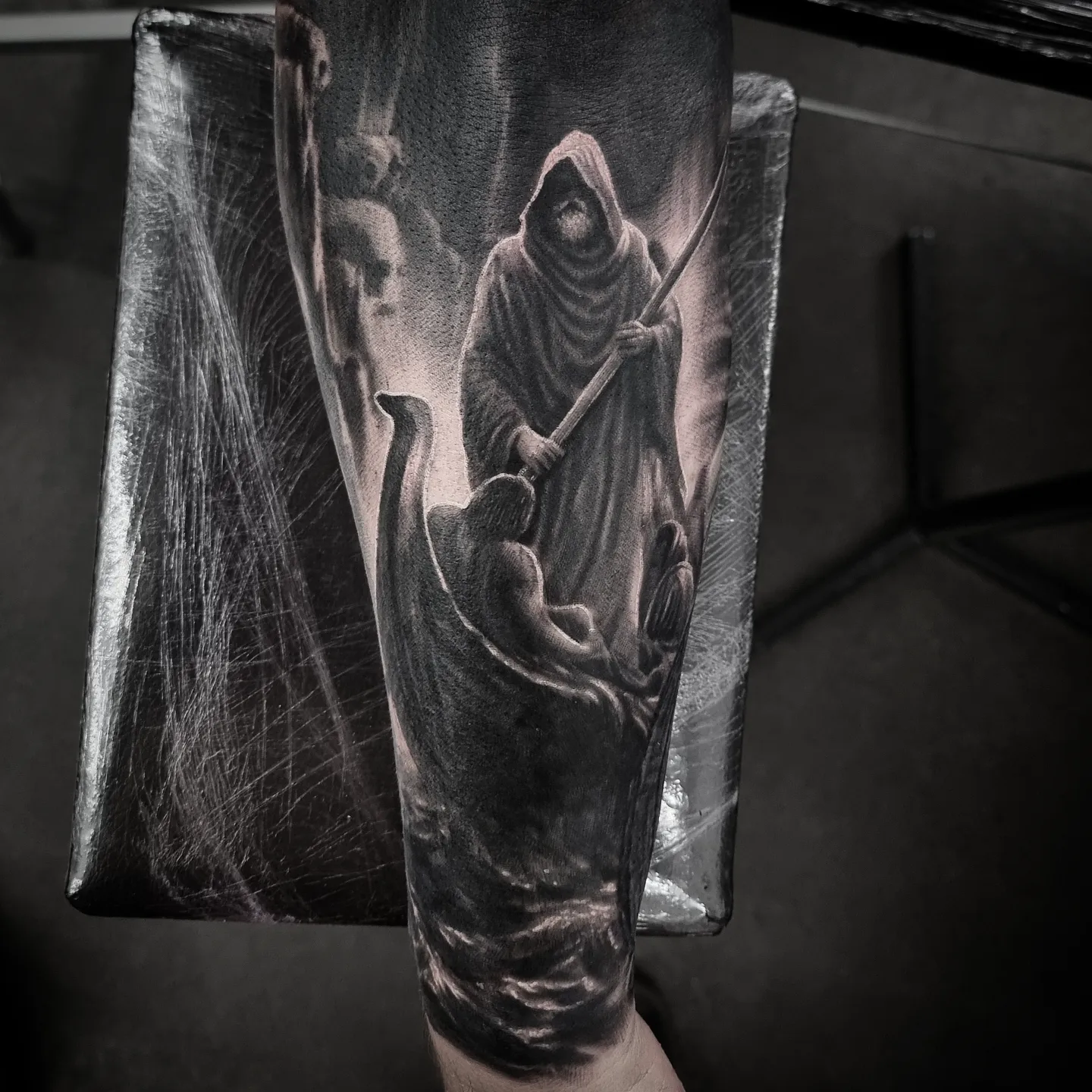 Gothic black and grey realism tattoo, custom design by Edinburgh tattoo artist Tomek Turlej