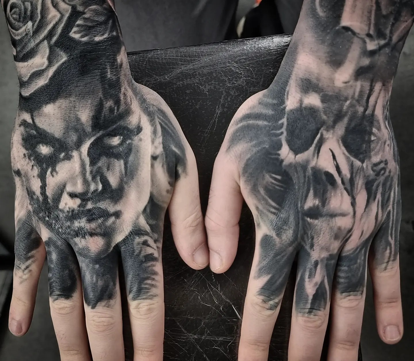Gothic black and grey realism tattoo, custom design by Edinburgh tattoo artist Tomek Turlej