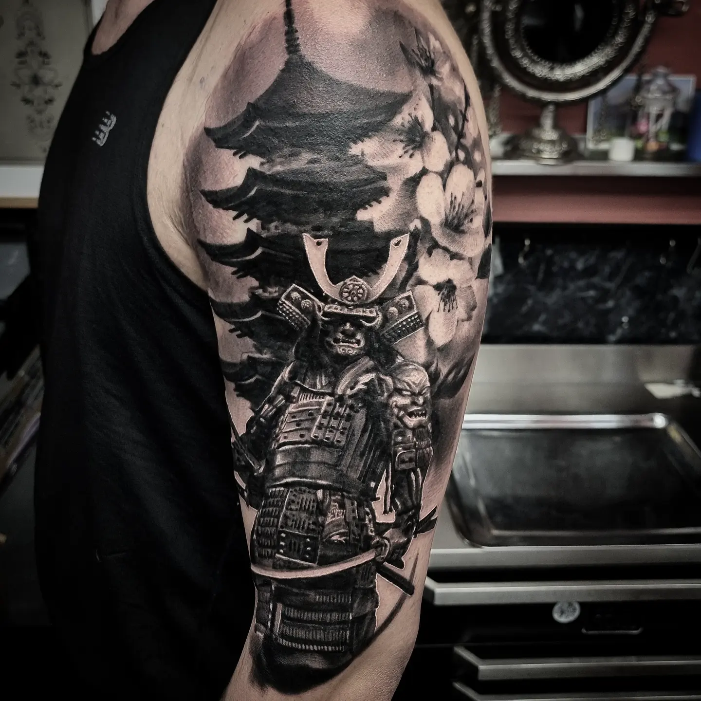 Japanese inspired black and grey realism tattoo by Tomek Turlej, Edinburgh