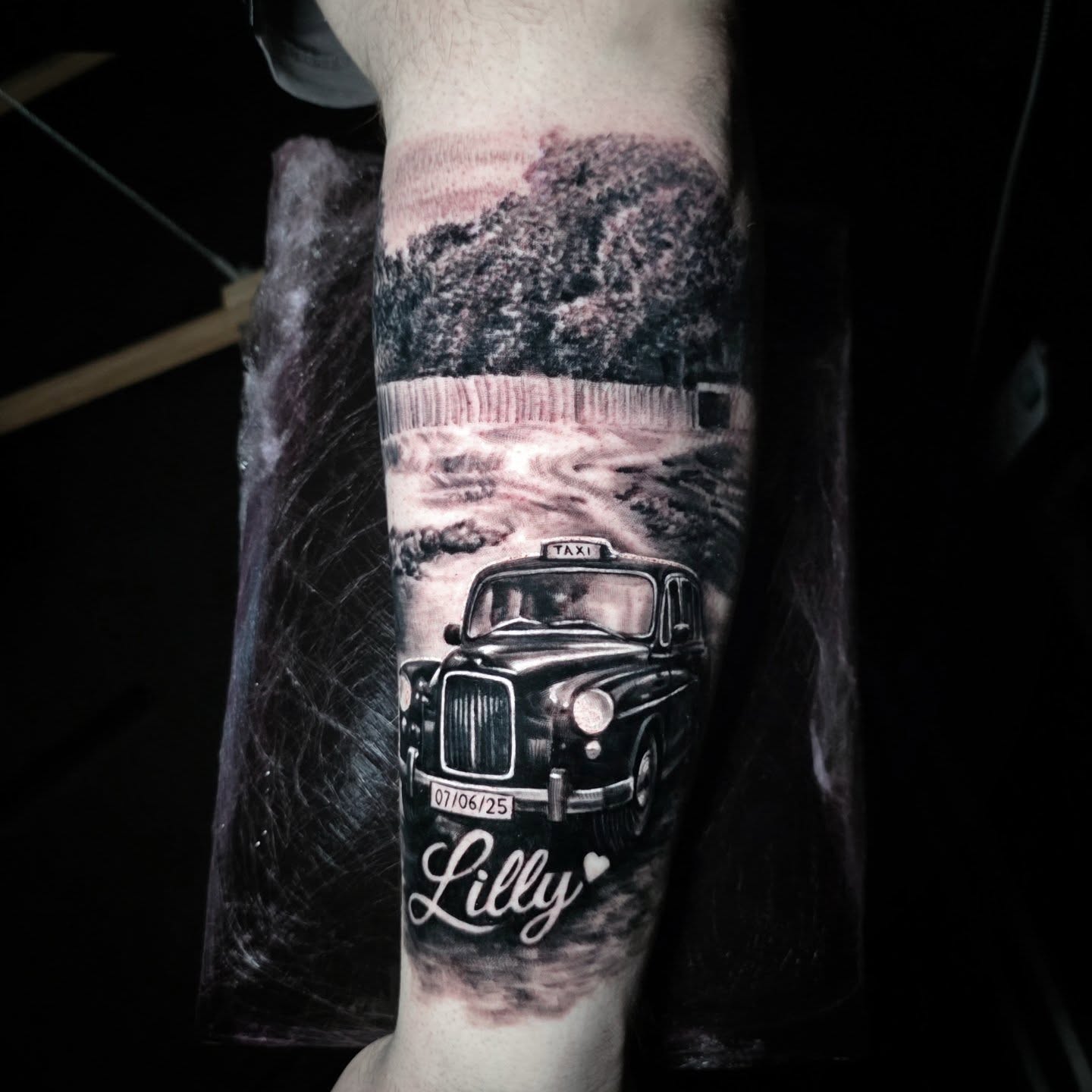 Realistic black and grey landscape tattoo by Tomek Turlej at Studio XIII Gallery Edinburgh