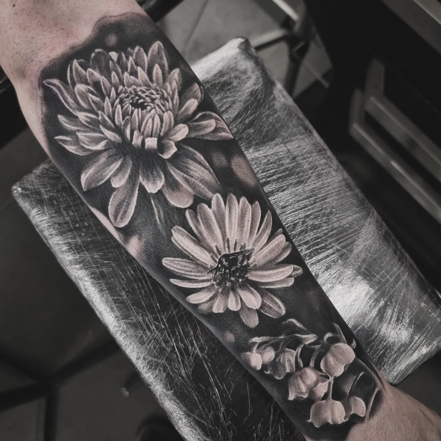 Fine detail black and grey nature tattoo, custom work by Edinburgh tattoo artist Tomek Turlej