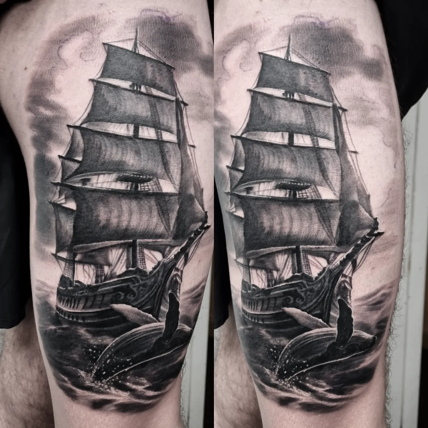 Photorealistic black and grey scenery tattoo by Tomek Turlej, Studio XIII Gallery, Scotland