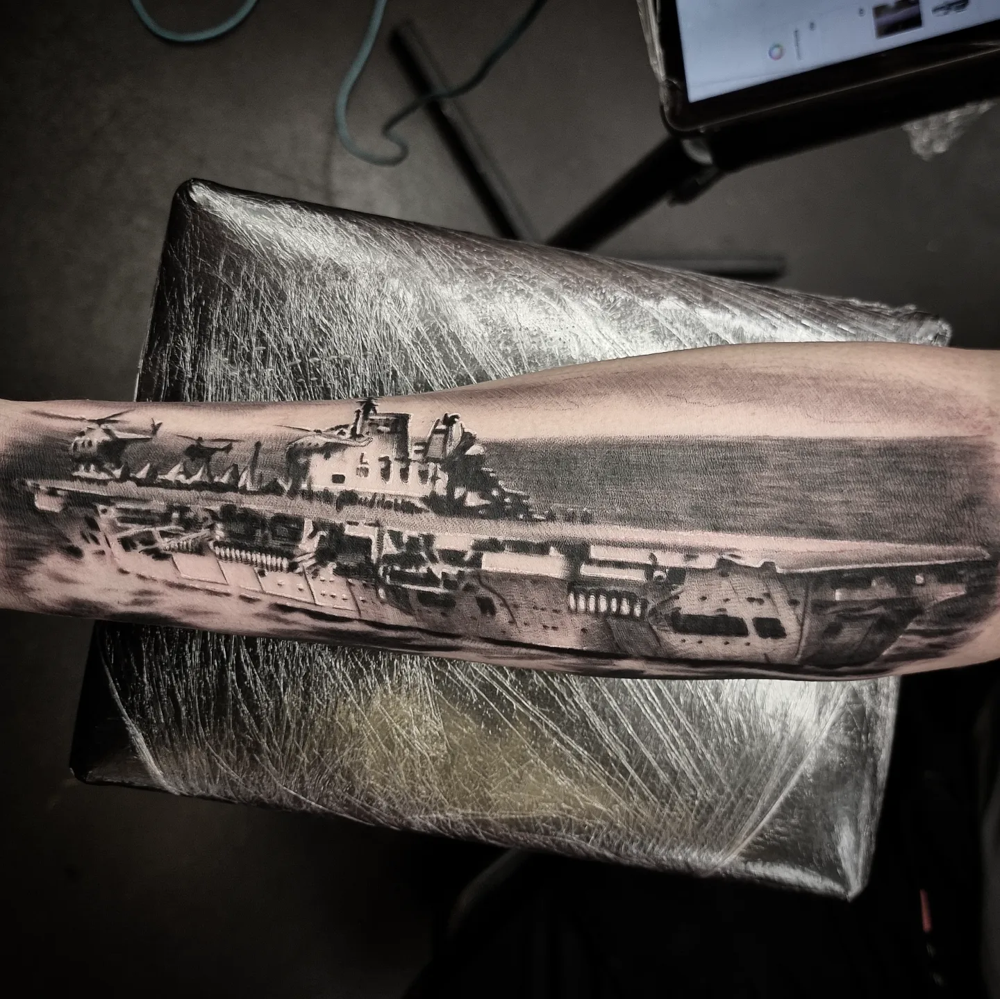 Realistic black and grey landscape tattoo by Tomek Turlej at Studio XIII Gallery Edinburgh