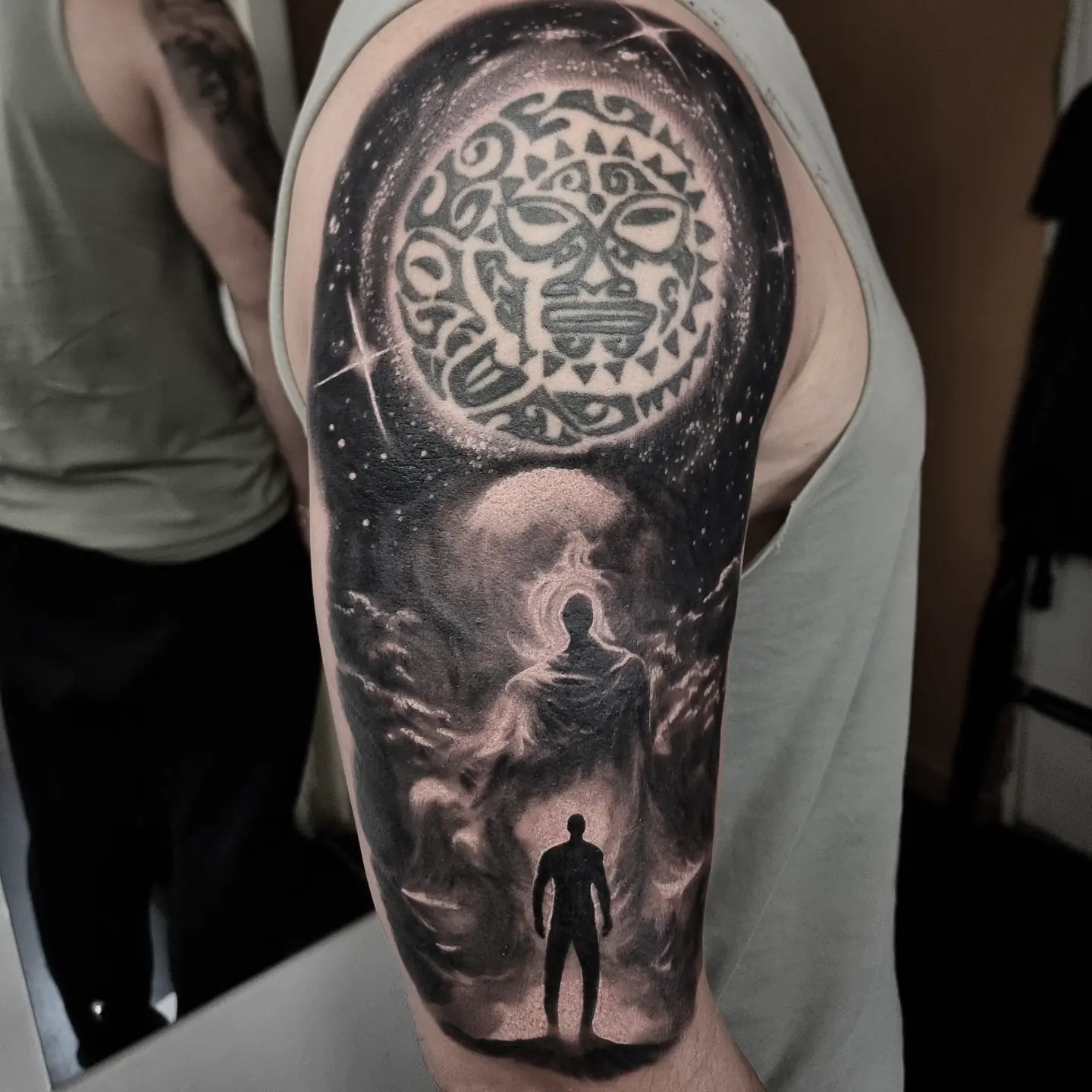 Photorealistic black and grey scenery tattoo by Tomek Turlej, Studio XIII Gallery, Scotland
