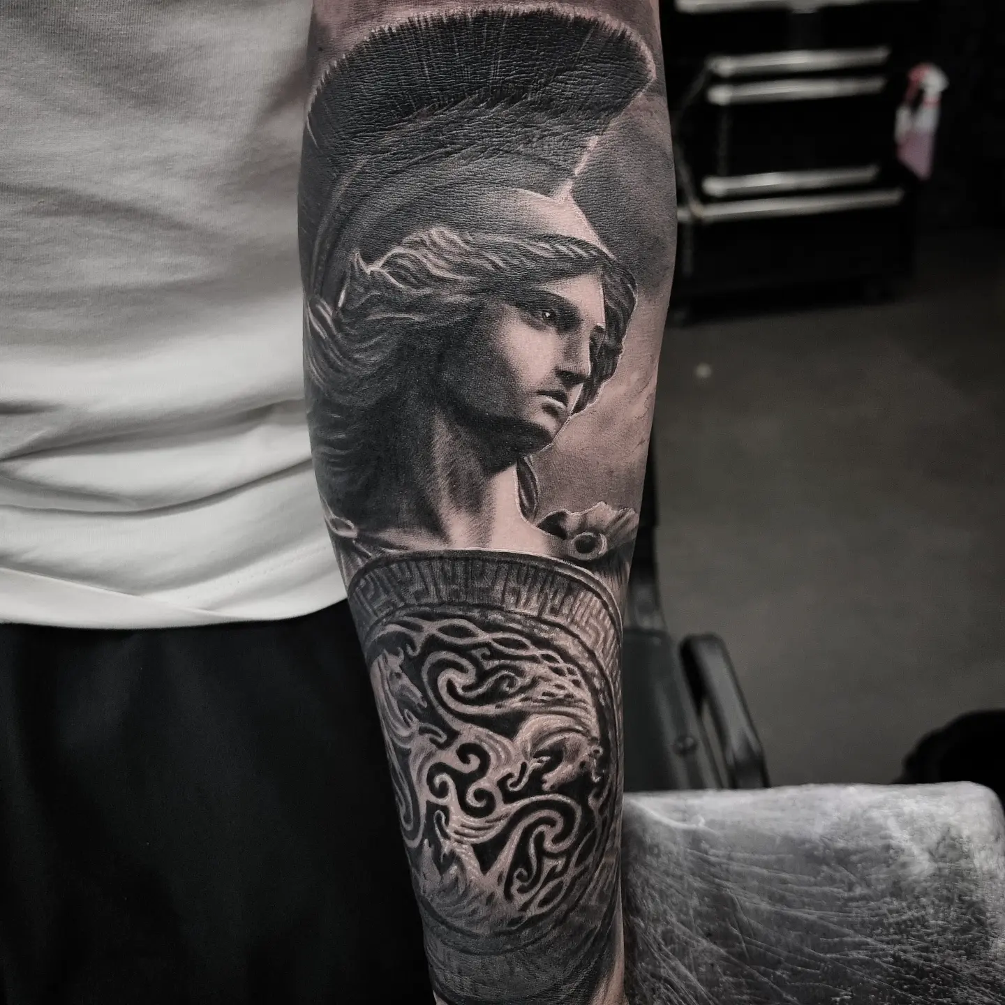 Fine detail black and grey portrait tattoo, custom work by Edinburgh tattoo artist Tomek Turlej