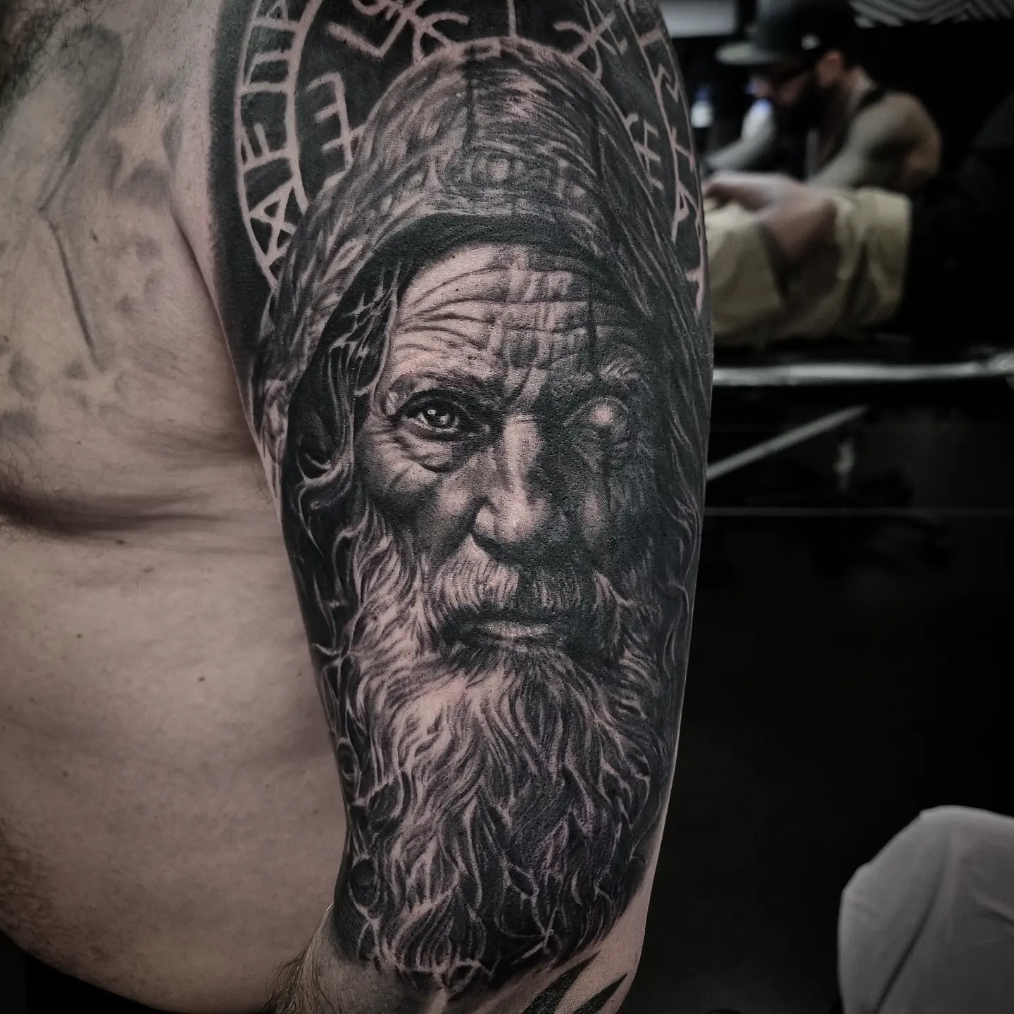 Photorealistic black and grey portrait tattoo by Tomek Turlej, Studio XIII Gallery, Scotland