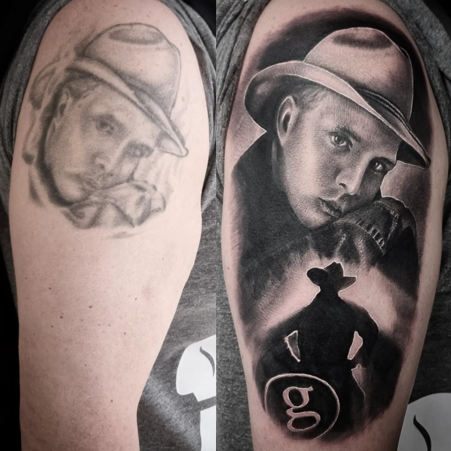 Fine detail black and grey portrait tattoo, custom work by Edinburgh tattoo artist Tomek Turlej