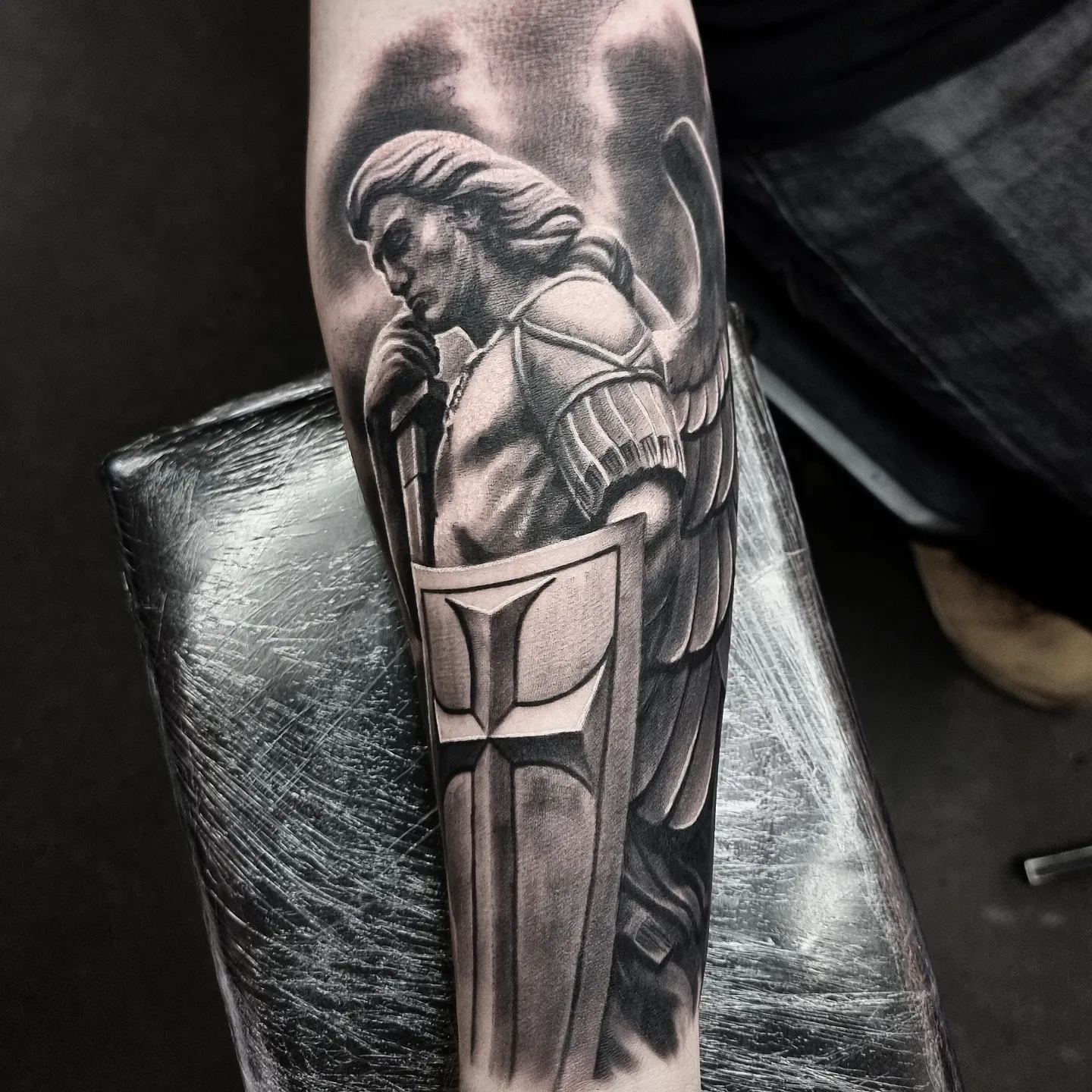Fine detail black and grey portrait tattoo, custom work by Edinburgh tattoo artist Tomek Turlej