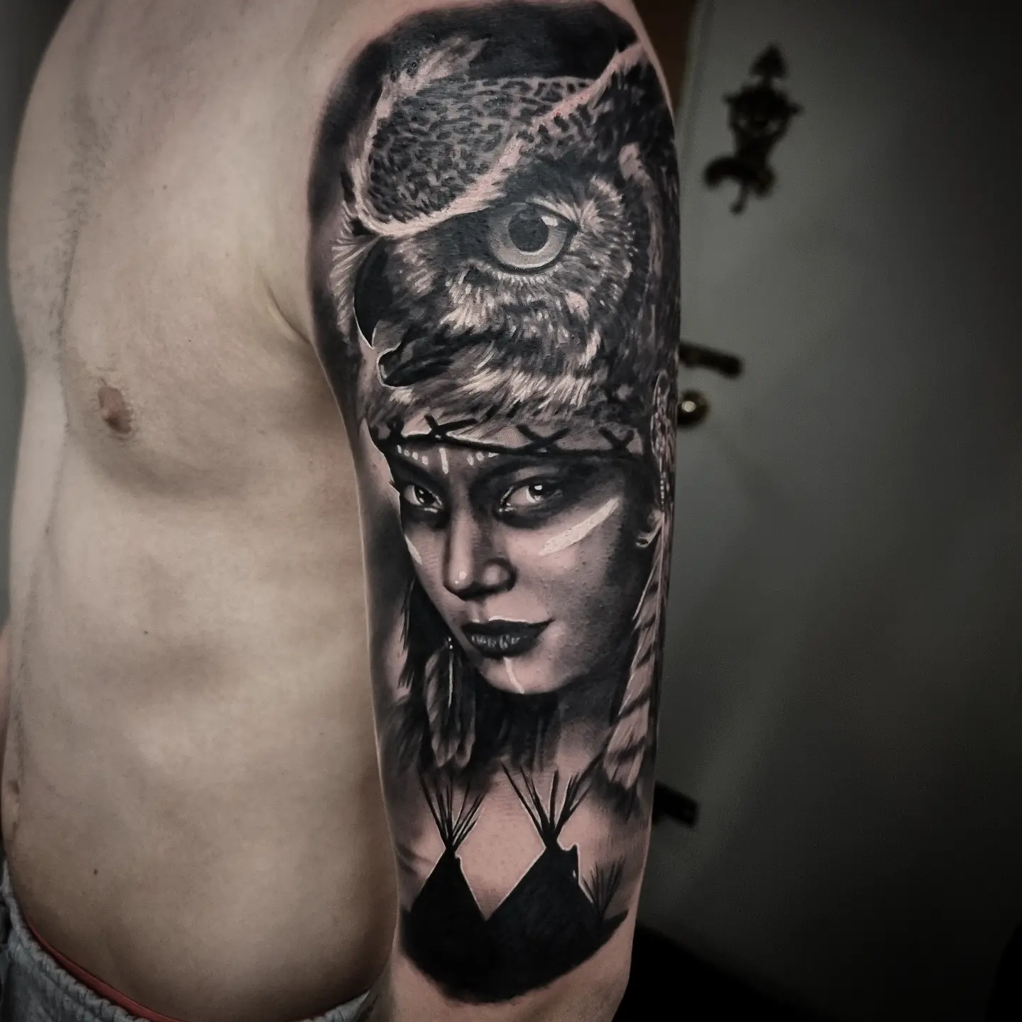 Realistic black and grey portrait tattoo healed, by Tomek Turlej at Studio XIII Gallery Edinburgh