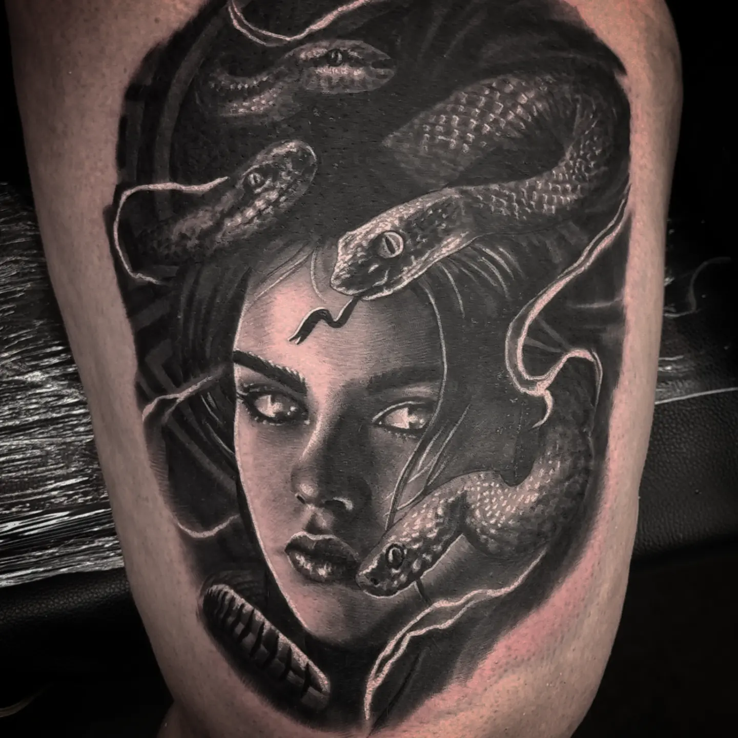 Fine detail black and grey portrait tattoo, custom work by Edinburgh tattoo artist Tomek Turlej