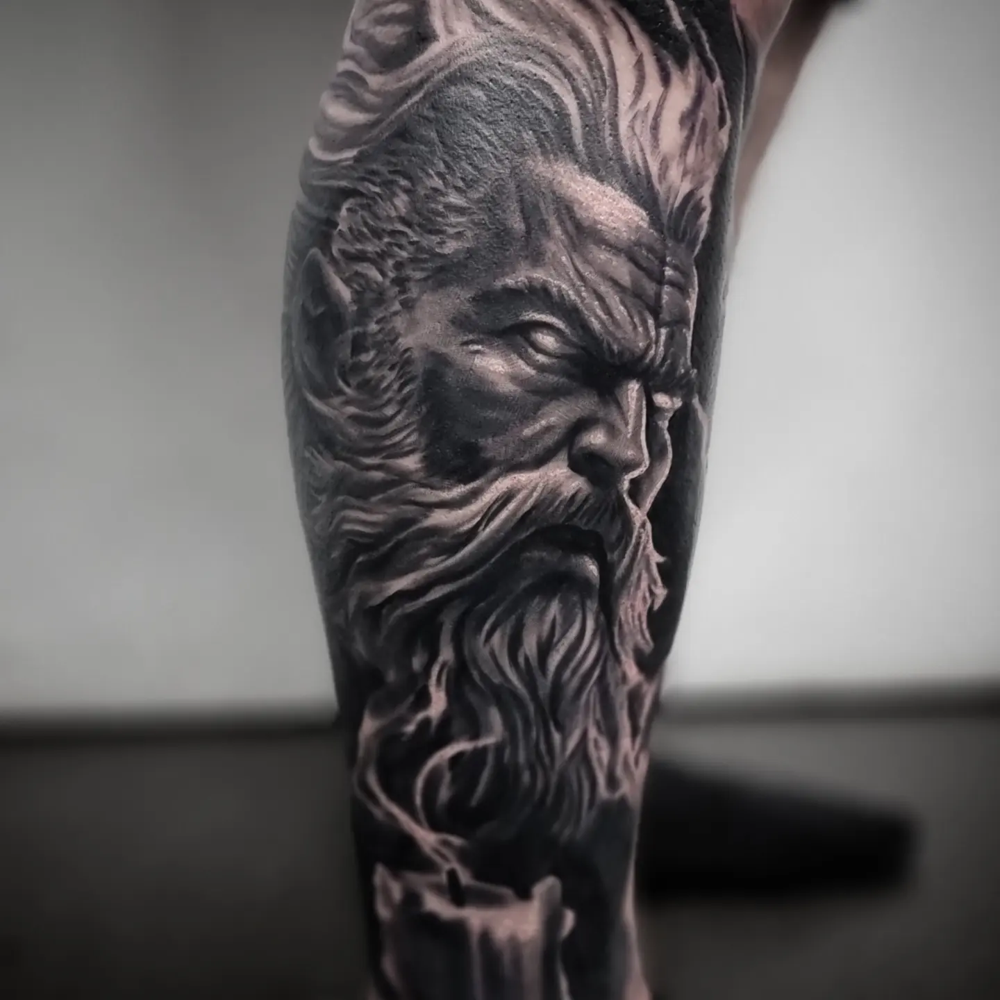 Fine detail black and grey portrait tattoo, custom work by Edinburgh tattoo artist Tomek Turlej