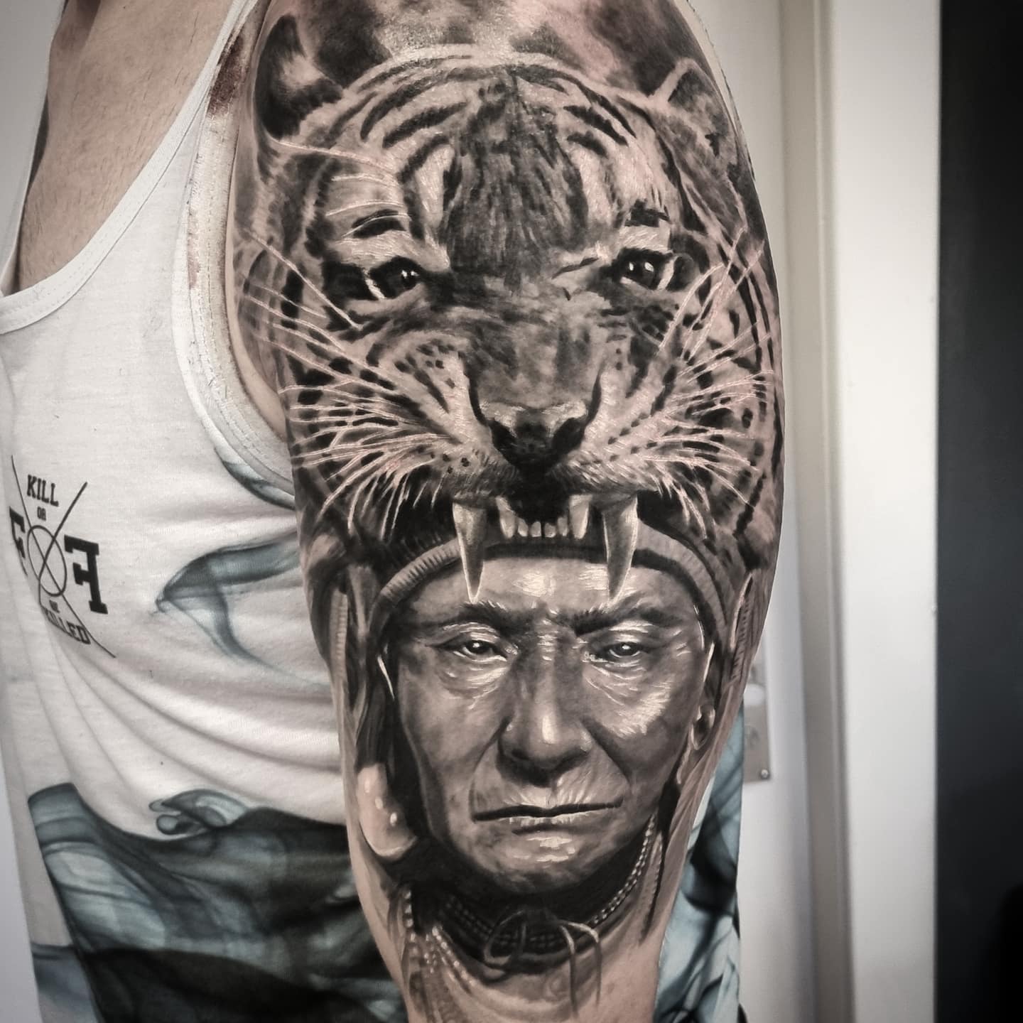 Realistic black and grey portrait tattoo healed, by Tomek Turlej at Studio XIII Gallery Edinburgh