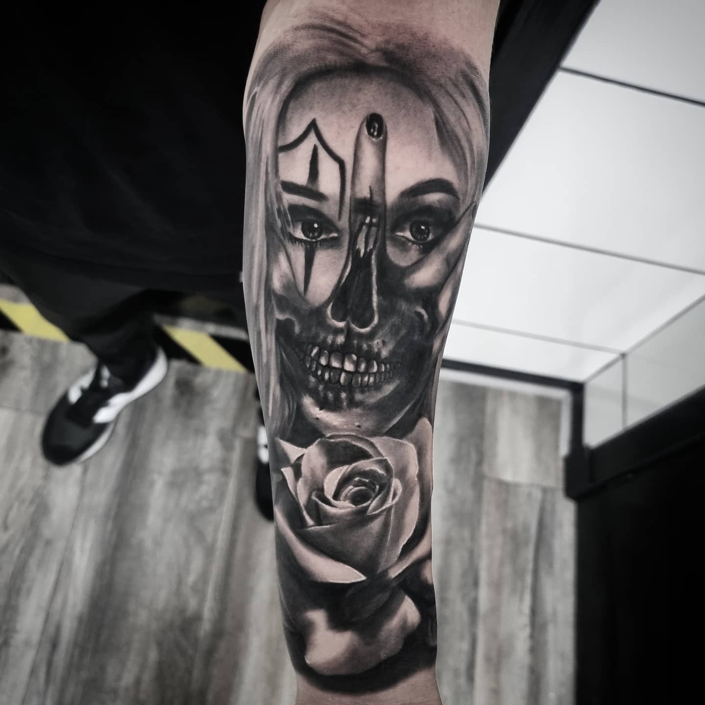 Fine detail black and grey portrait tattoo, custom work by Edinburgh tattoo artist Tomek Turlej