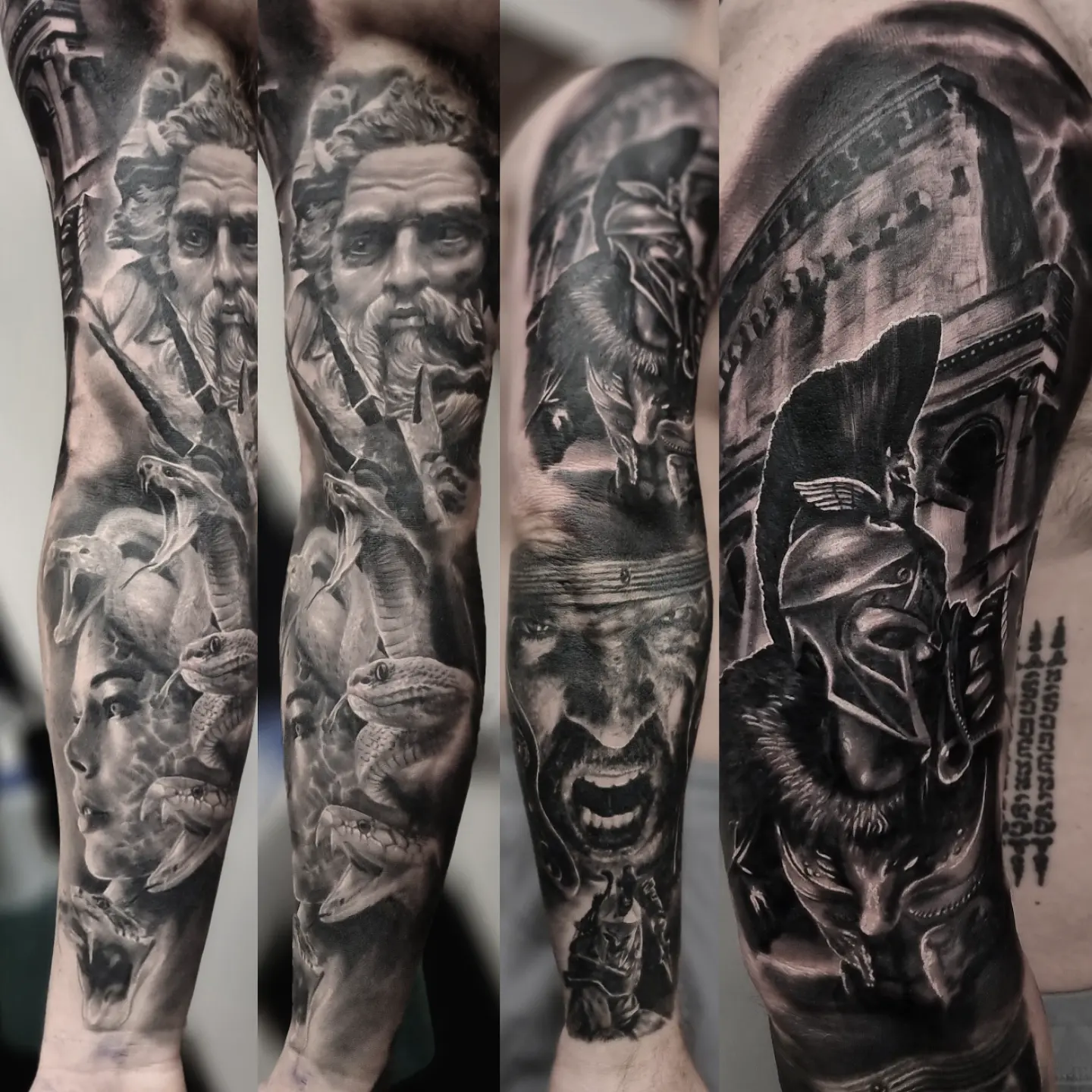 Black and grey full sleeve tattoo by Tomek Turlej at Studio XIII Gallery Edinburgh