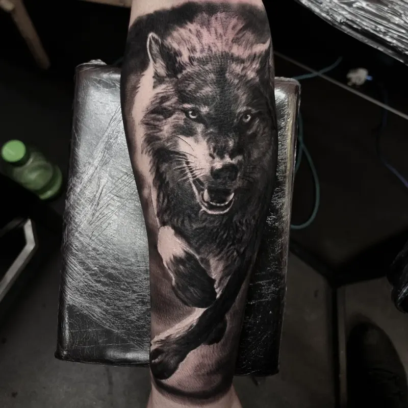 Photorealistic black and grey animal tattoo by Tomek Turlej, Studio XIII Gallery, Scotland