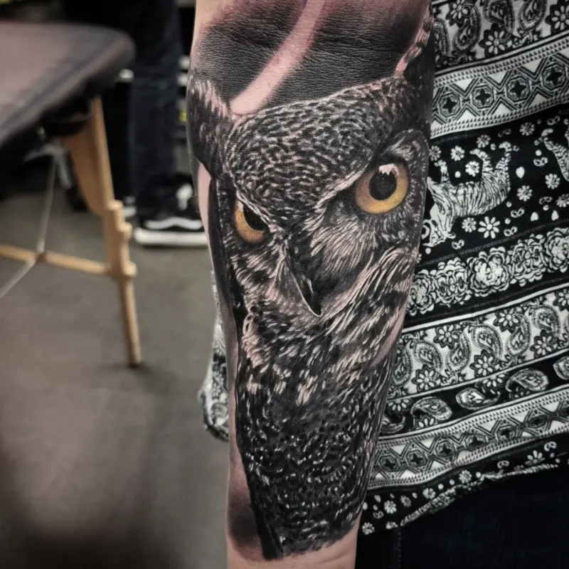 Realistic black and grey wildlife tattoo by Tomek Turlej at Studio XIII Gallery Edinburgh