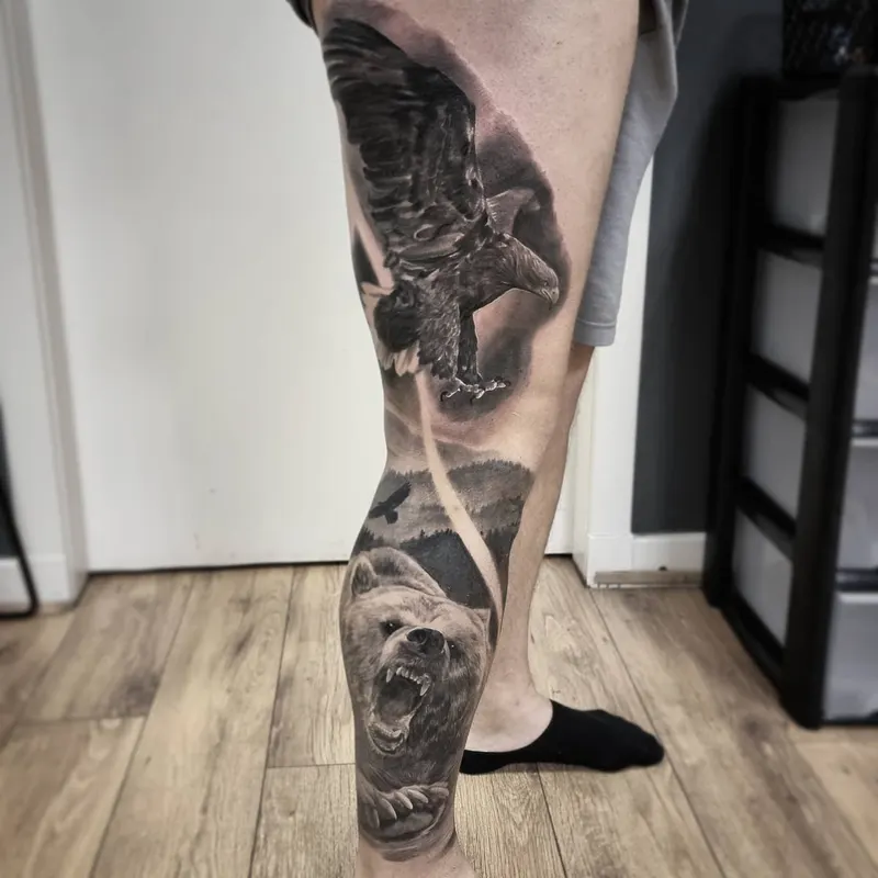 Photorealistic black and grey animal tattoo by Tomek Turlej, Studio XIII Gallery, Scotland