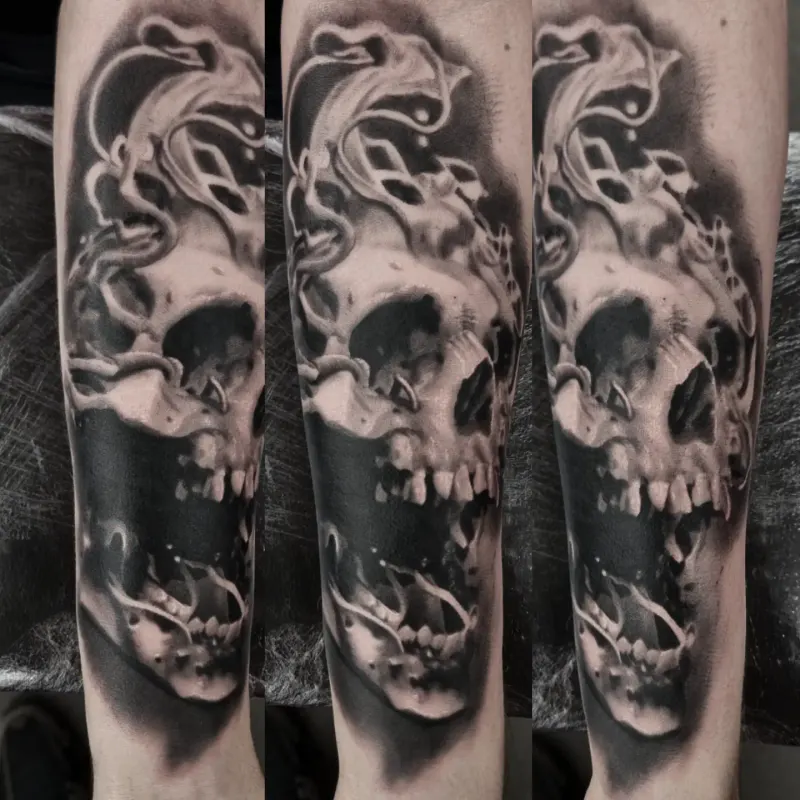 Black and grey horror realism tattoo by Tomek Turlej at Studio XIII Gallery Edinburgh