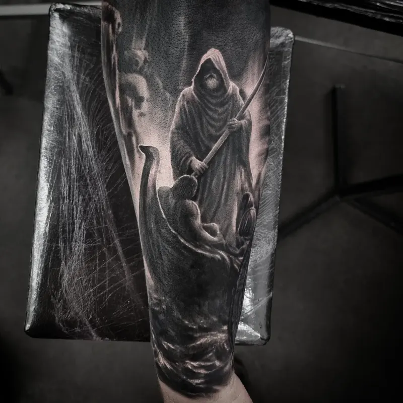 Gothic black and grey realism tattoo, custom design by Edinburgh tattoo artist Tomek Turlej