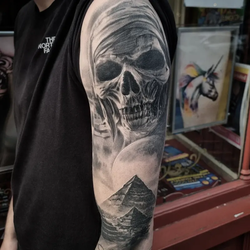 Dark realism black and grey tattoo by Tomek Turlej, Studio XIII Gallery, Scotland