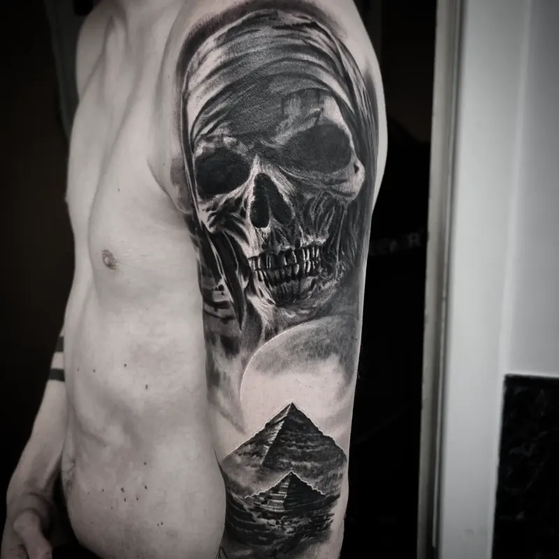 Gothic black and grey realism tattoo, custom design by Edinburgh tattoo artist Tomek Turlej