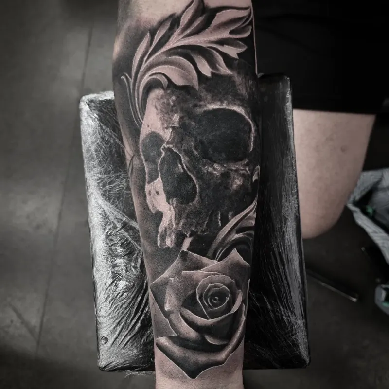 Dark and surreal black and grey realism tattoo by Tomek Turlej, Edinburgh