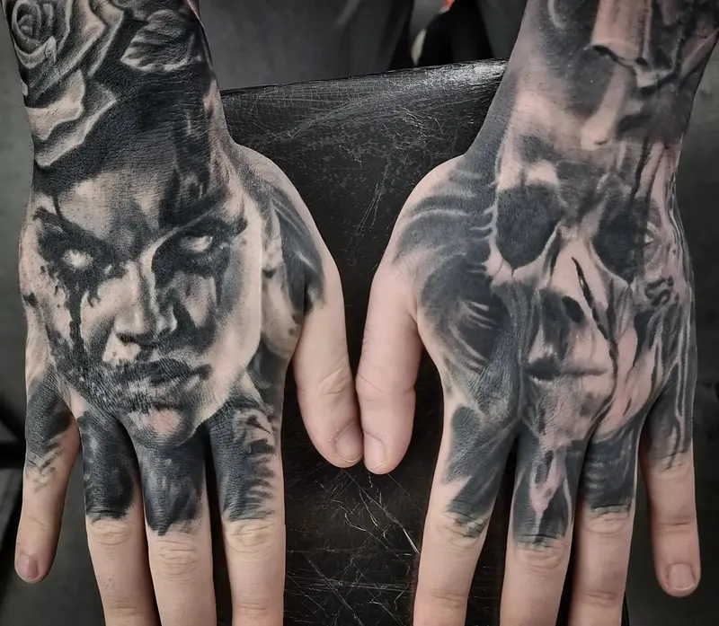 Gothic black and grey realism tattoo, custom design by Edinburgh tattoo artist Tomek Turlej