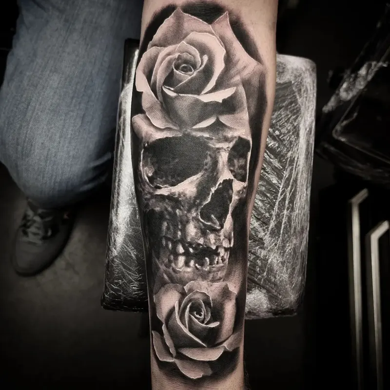 Dark and surreal black and grey realism tattoo by Tomek Turlej, Edinburgh