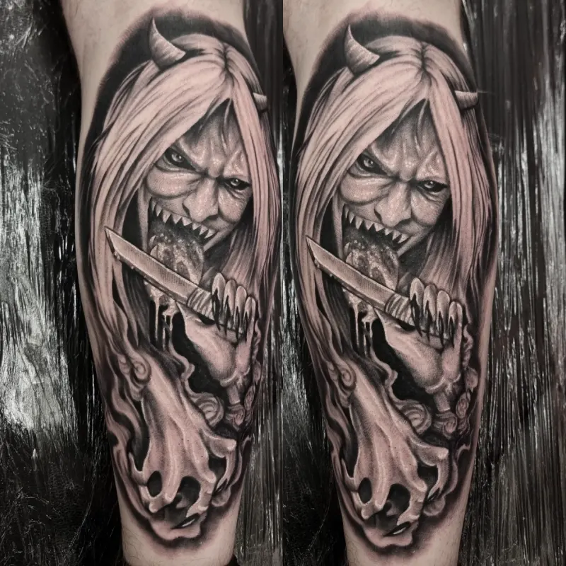 Black and grey horror realism tattoo by Tomek Turlej at Studio XIII Gallery Edinburgh