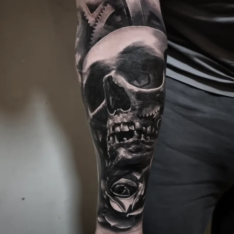 Dark realism black and grey tattoo by Tomek Turlej, Studio XIII Gallery, Scotland