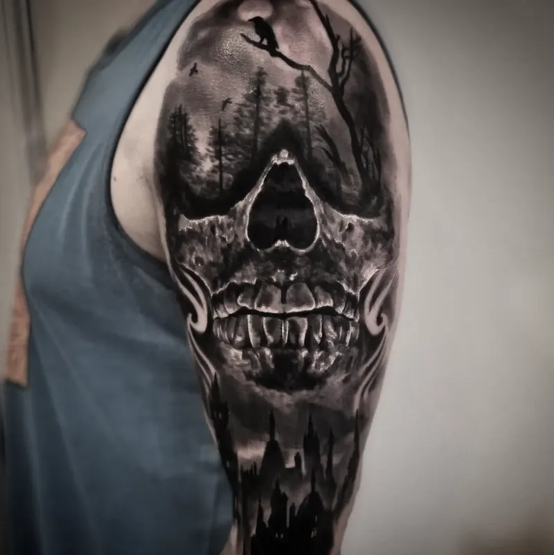 Dark and surreal black and grey realism tattoo by Tomek Turlej, Edinburgh