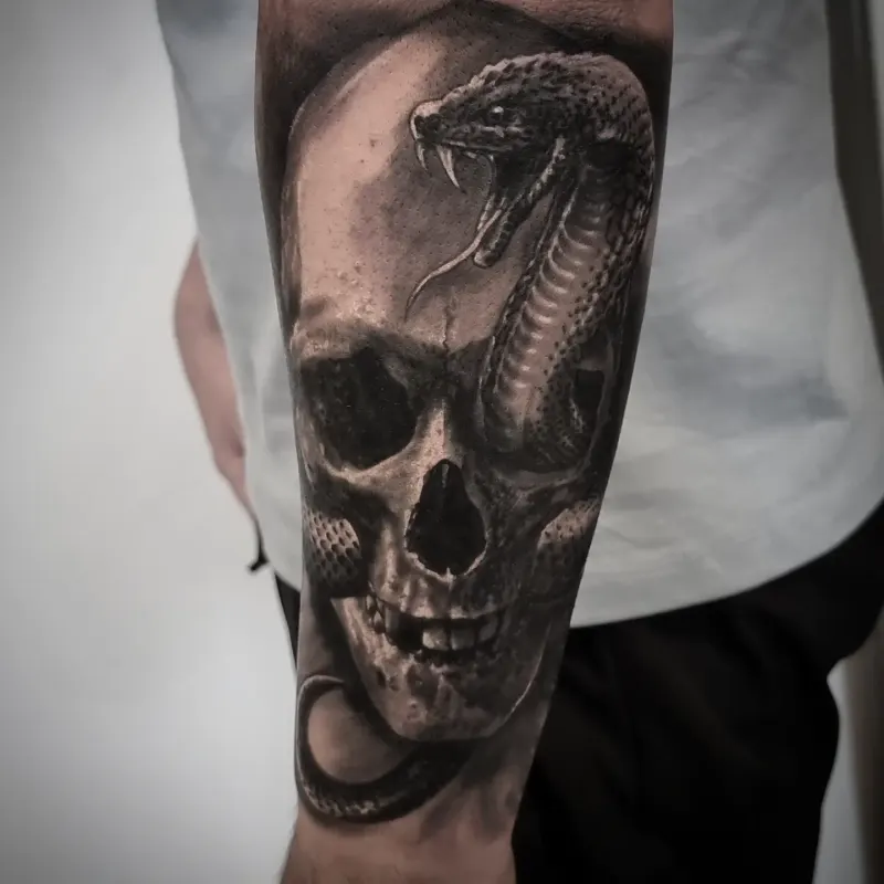 Dark and surreal black and grey realism tattoo by Tomek Turlej, Edinburgh