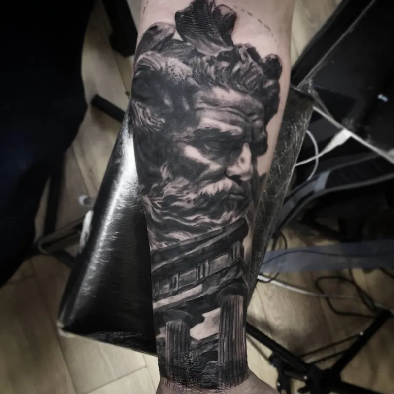 Gothic black and grey realism tattoo, custom design by Edinburgh tattoo artist Tomek Turlej