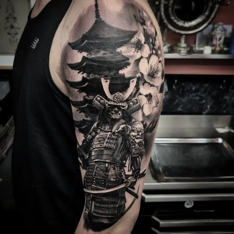 Japanese inspired black and grey realism tattoo by Tomek Turlej, Edinburgh