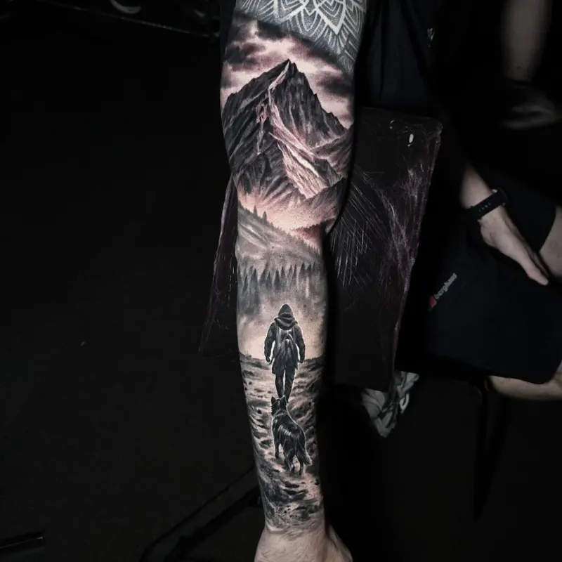 Black and grey realism nature and landscape tattoo by Tomek Turlej, Edinburgh