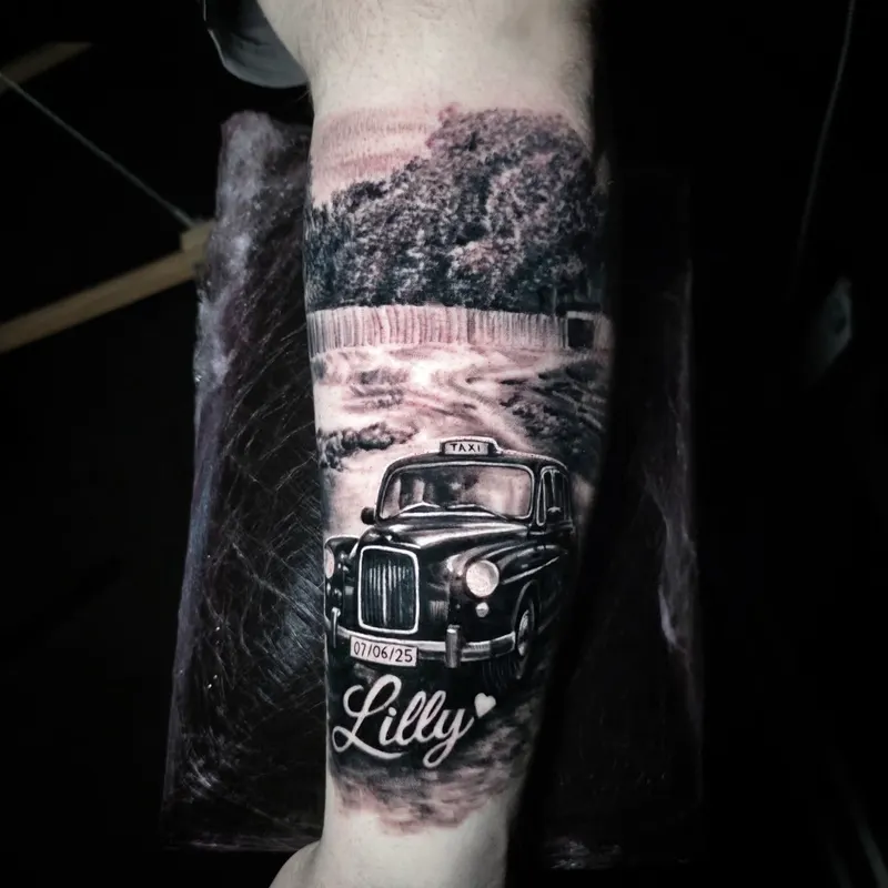 Realistic black and grey landscape tattoo by Tomek Turlej at Studio XIII Gallery Edinburgh