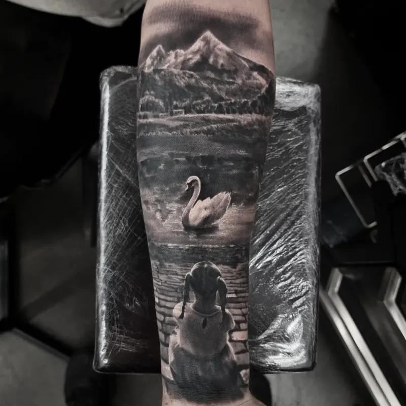 Fine detail black and grey nature tattoo, custom work by Edinburgh tattoo artist Tomek Turlej
