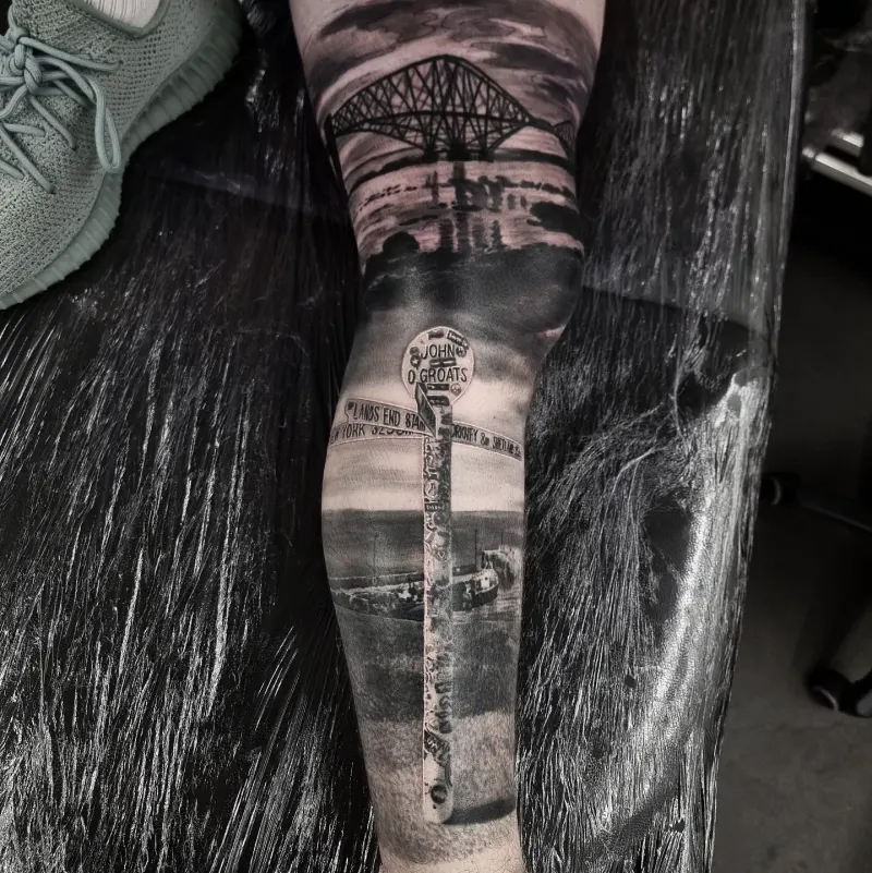 Black and grey realism nature and landscape tattoo by Tomek Turlej, Edinburgh