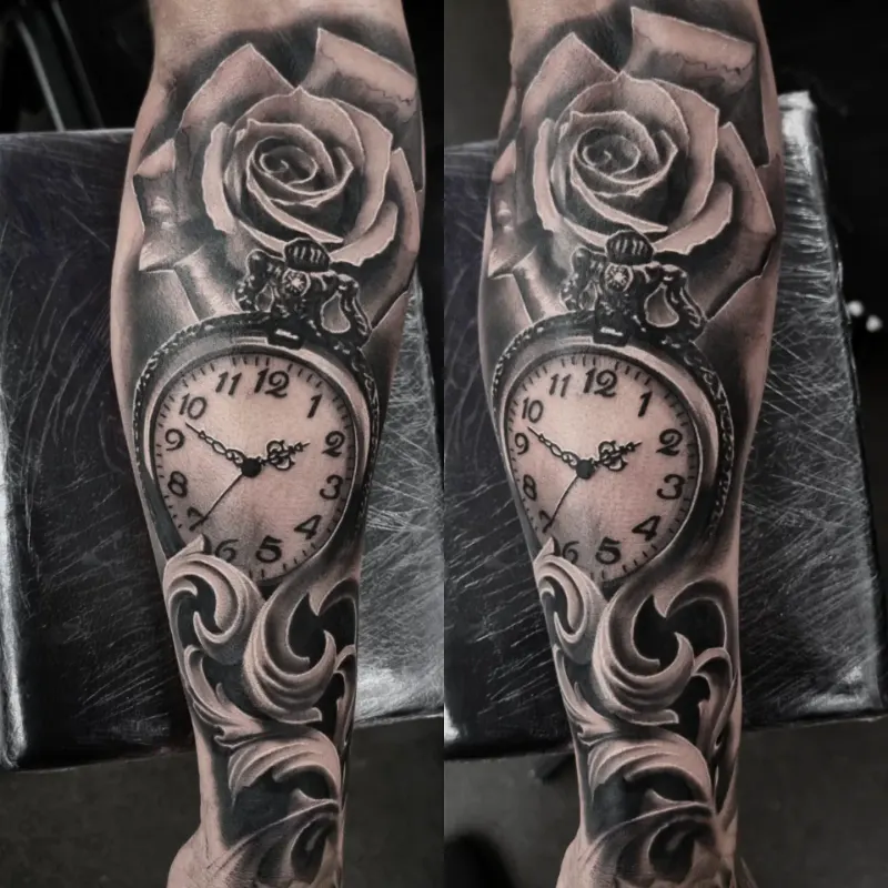 Realistic black and grey landscape tattoo by Tomek Turlej at Studio XIII Gallery Edinburgh
