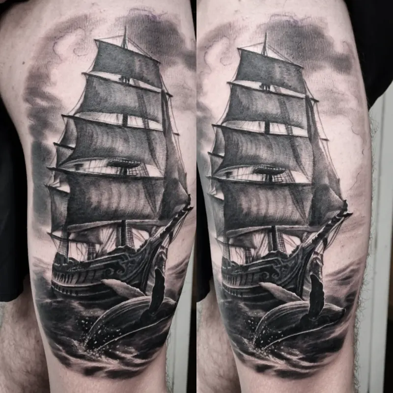 Photorealistic black and grey scenery tattoo by Tomek Turlej, Studio XIII Gallery, Scotland