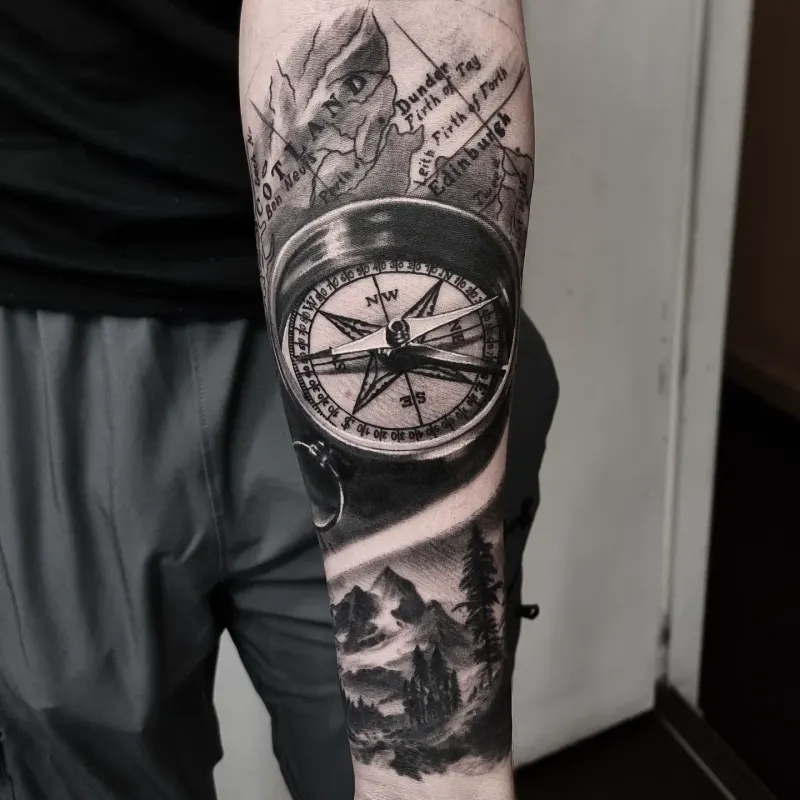 Black and grey realism nature and landscape tattoo by Tomek Turlej, Edinburgh