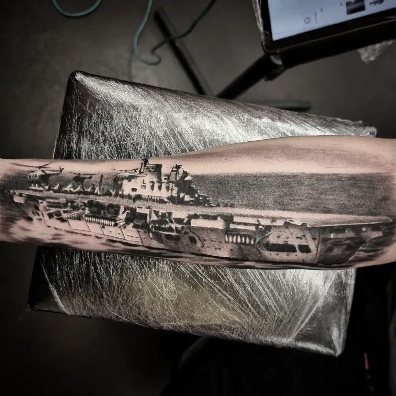 Realistic black and grey landscape tattoo by Tomek Turlej at Studio XIII Gallery Edinburgh