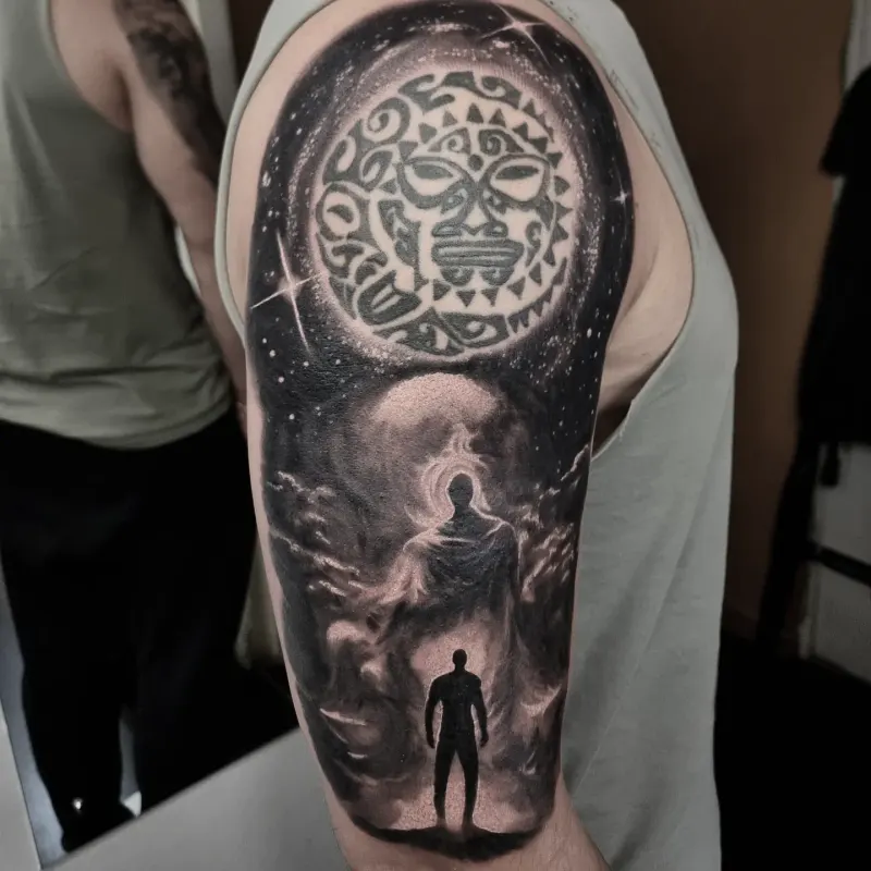 Photorealistic black and grey scenery tattoo by Tomek Turlej, Studio XIII Gallery, Scotland
