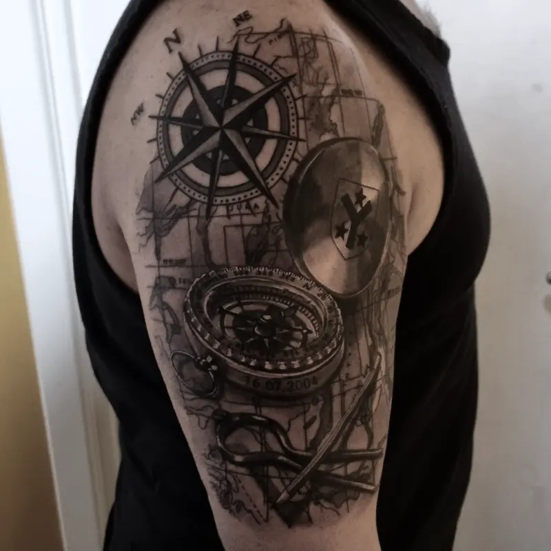 Photorealistic black and grey scenery tattoo by Tomek Turlej, Studio XIII Gallery, Scotland