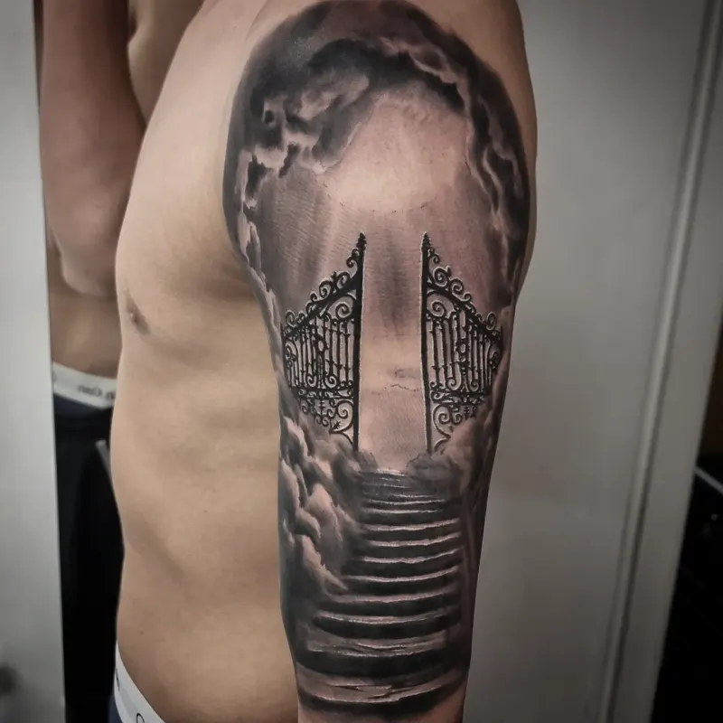 Black and grey realism nature and landscape tattoo by Tomek Turlej, Edinburgh