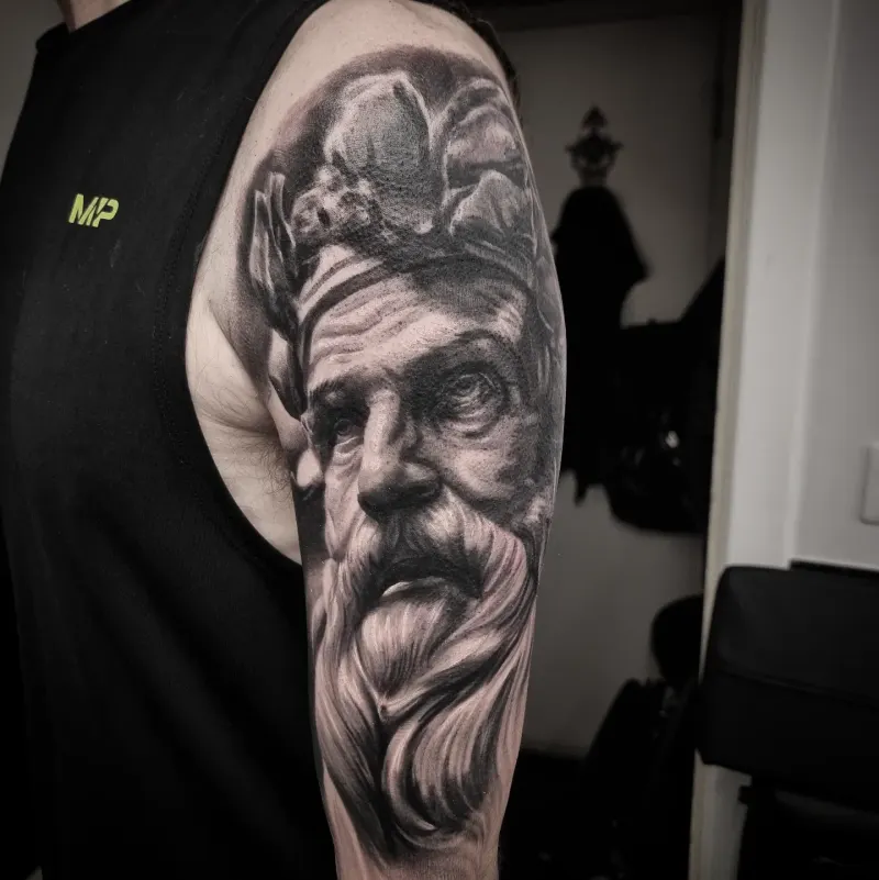 Fine detail black and grey portrait tattoo, custom work by Edinburgh tattoo artist Tomek Turlej