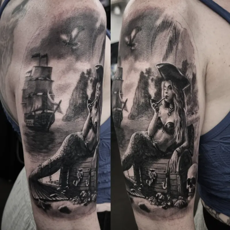 Realistic black and grey portrait tattoo healed, by Tomek Turlej at Studio XIII Gallery Edinburgh