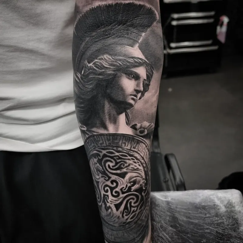 Fine detail black and grey portrait tattoo, custom work by Edinburgh tattoo artist Tomek Turlej
