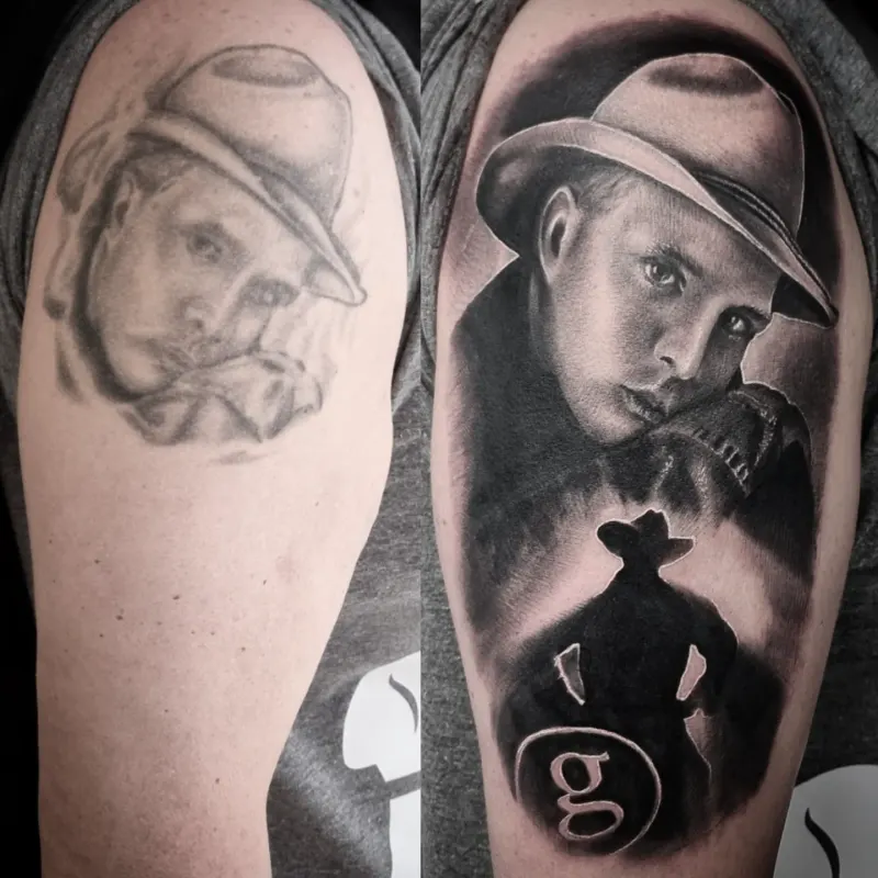 Fine detail black and grey portrait tattoo, custom work by Edinburgh tattoo artist Tomek Turlej