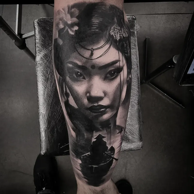 Photorealistic black and grey portrait tattoo by Tomek Turlej, Studio XIII Gallery, Scotland